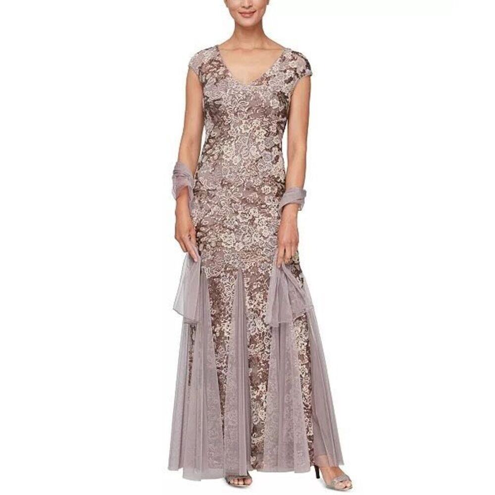 Alex Evenings Rose Gold Sequin Floral Embellished-Lacel Embroidered Gown & Shawl